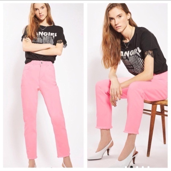 New Topshop Raw Hem Straight Leg‎ Jeans PINK Womens Size 26 - Picture 1 of 3